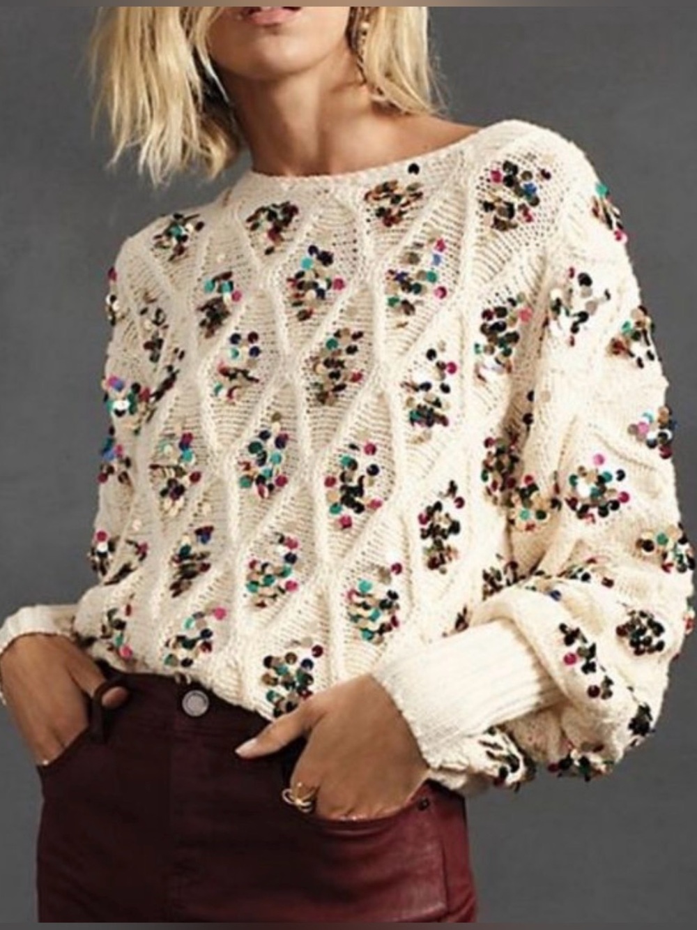 Nwt Anthropologie Lara limited edition Sequin Cable-Knit Crewneck Sweater